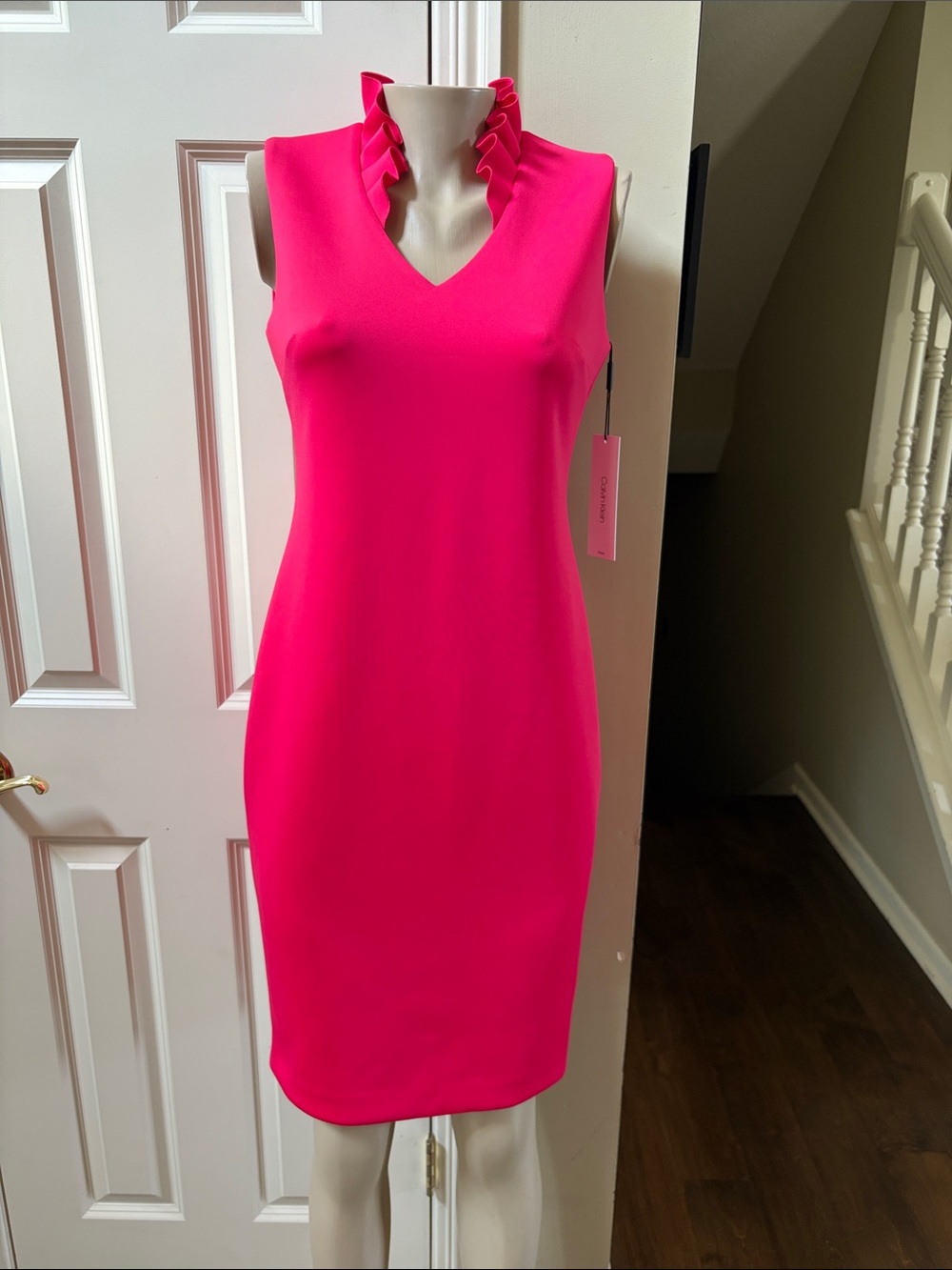 NWT Calvin Klein Hot Pink Sleeveless Ruffle-Trim Sheath Dress, 8